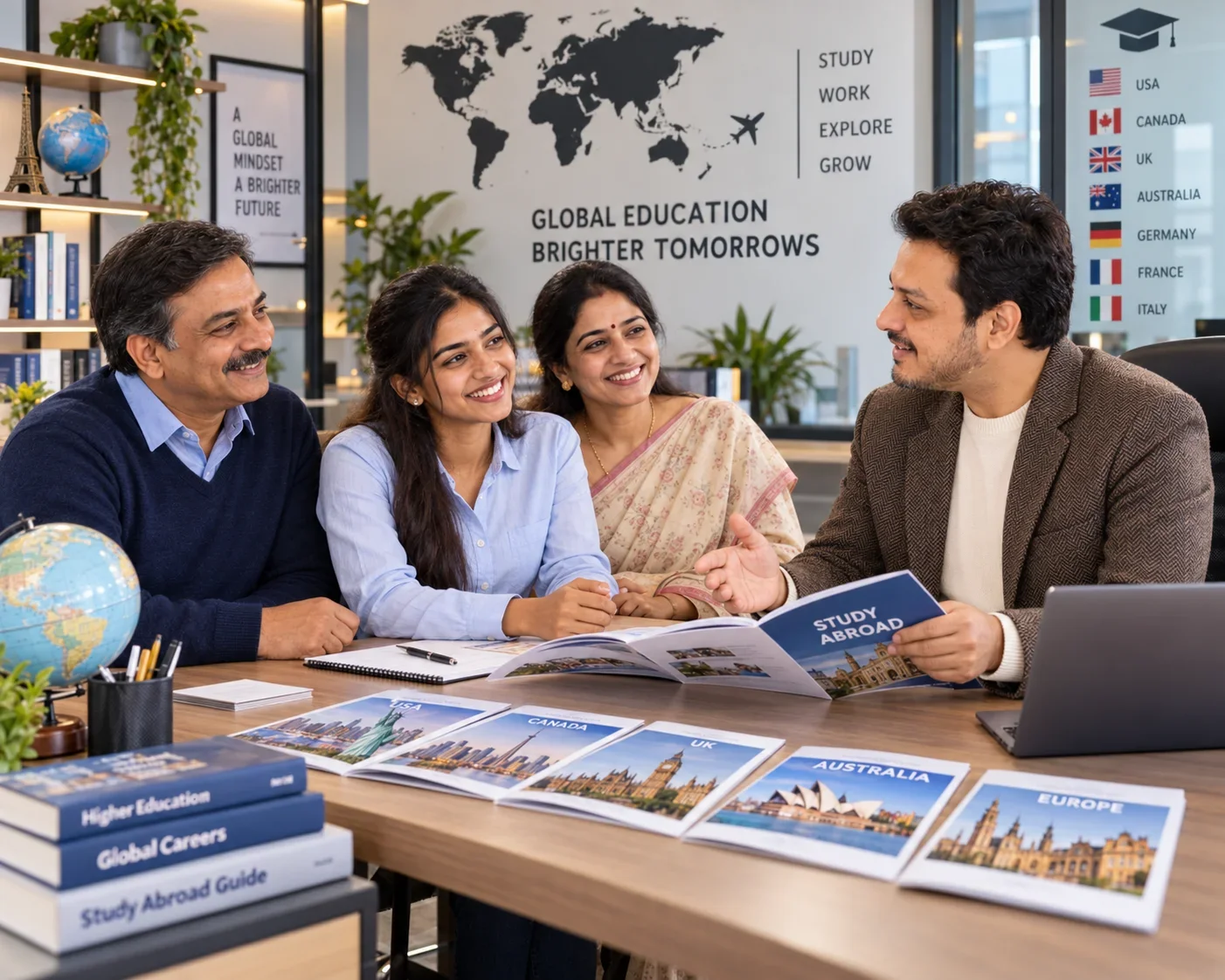Versatile Overseas Consultants office with international flags, study abroad guidance in Nashik and Pune
